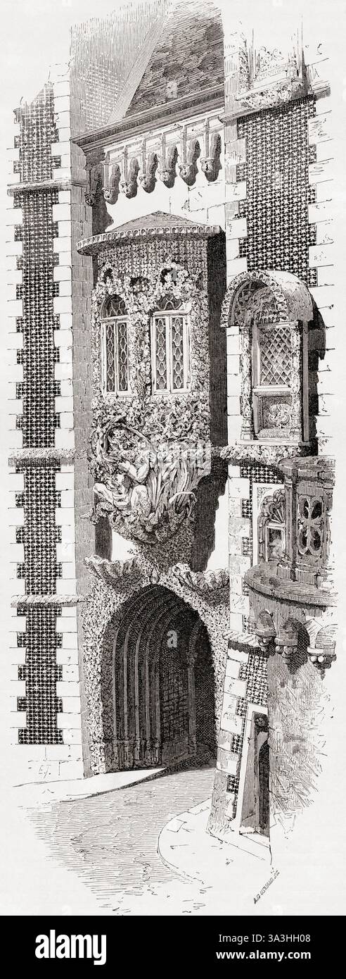 Dettaglio dell'ingresso al Palácio da pena, São Pedro de Penaferrim, Sintra, Portogallo, XIX secolo. Da Voyage dans les Provinces du Nord du Portugal o viaggio verso le province settentrionali del Portogallo, con Olivier Merson, 1857. Apparso in le Tour du Monde, pubblicato nel 1861. Foto Stock