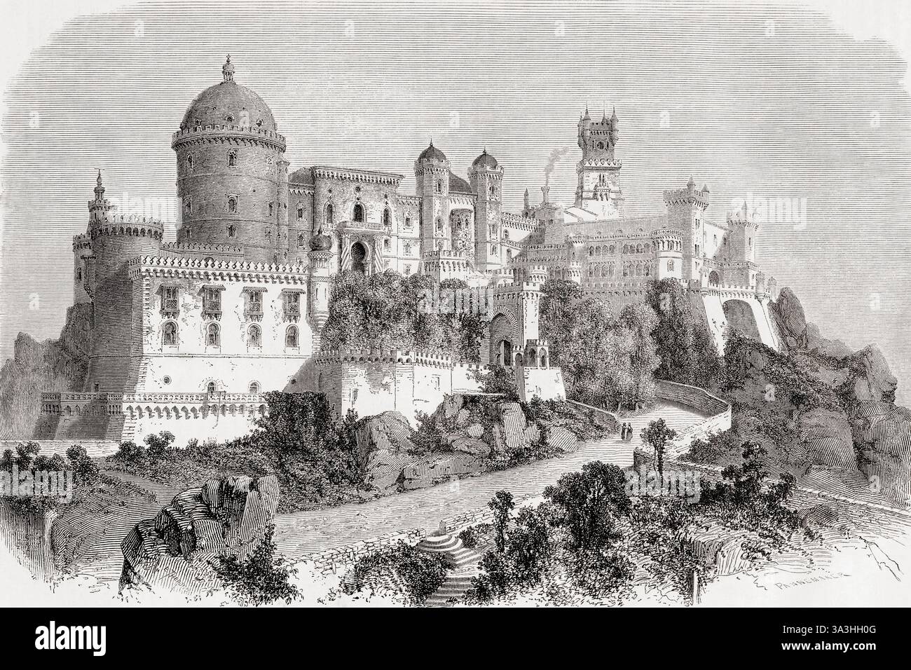 Palazzo da pena, São Pedro de Penaferrim, Sintra, Portogallo, XIX secolo. Da Voyage dans les Provinces du Nord du Portugal o viaggio verso le province settentrionali del Portogallo, con Olivier Merson, 1857. Apparso in le Tour du Monde, pubblicato nel 1861. Foto Stock