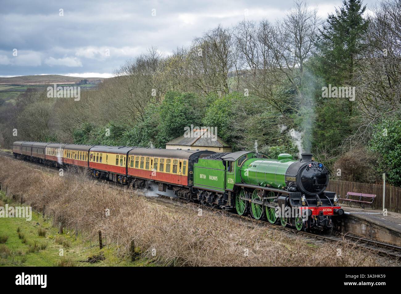 Locomotiva a vapore LNER Thompson classe B1 61306 di nome Mayflower vista a Irwell vale Halt sulla ferrovia del Lancashire orientale. Foto Stock