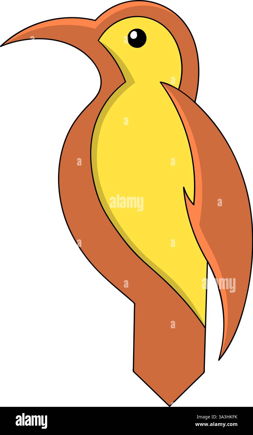 Questa elegante e moderna illustrazione vettoriale presenta una mascotte di uccello stilizzata con un design geometrico minimalista in calde tonalità di giallo e marrone Illustrazione Vettoriale