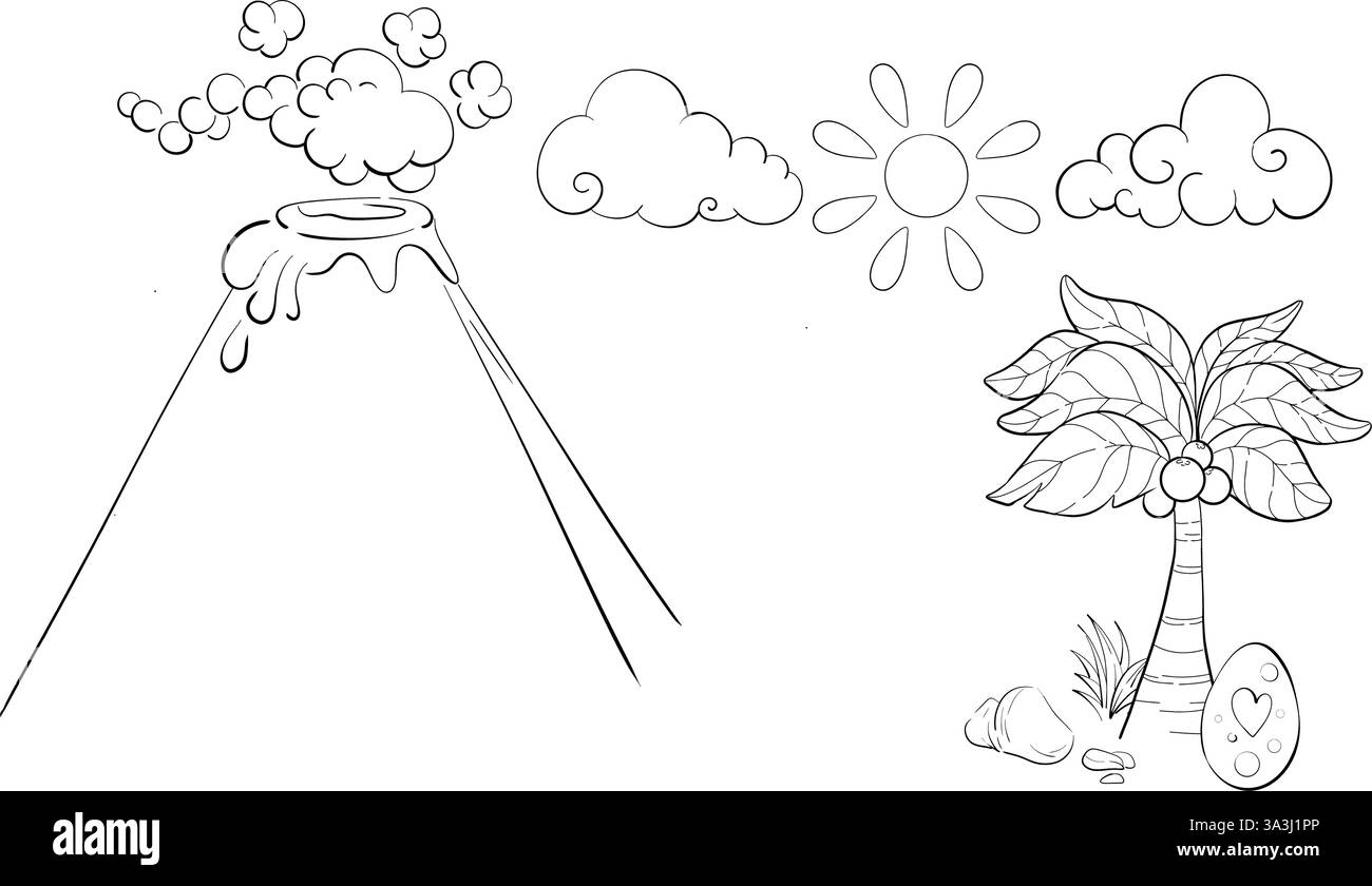 Sfondo naturale del periodo giurassico, elementi vettoriali, natura, vulcano nero, palma in stile cartoni animati. Uovo di dinosauri Illustrazione Vettoriale