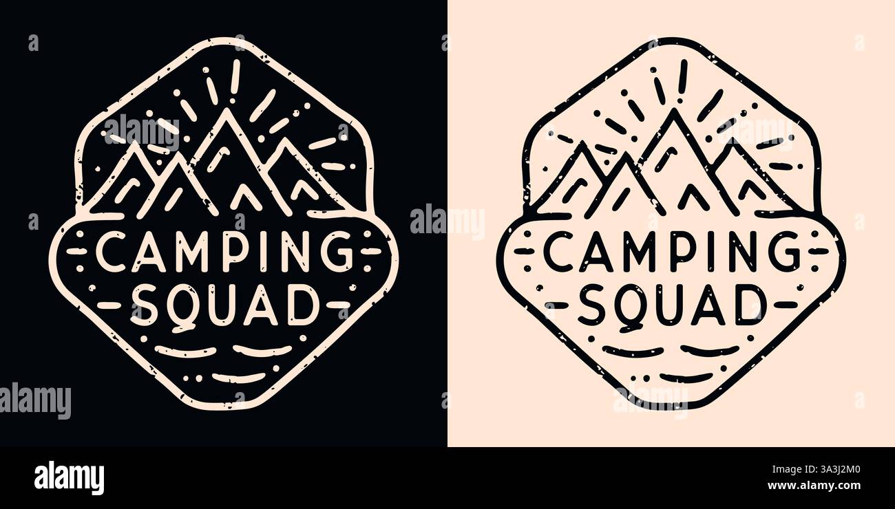 Campeggiatore gruppo camper badge emblema logo patch camper design camicia amante delle montagne retrò, vintage, abbinabile all'avventura, famiglia, amici, viaggio. Illustrazione Vettoriale