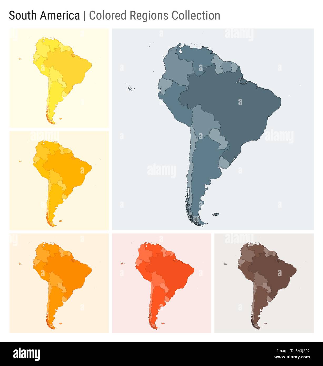Sud America. Raccolta mappe. Forma del continente. Paesi colorati. Blu grigio, giallo, ambra, arancione, arancione profondo, tavolozze di colore marrone. Illustrazione Vettoriale