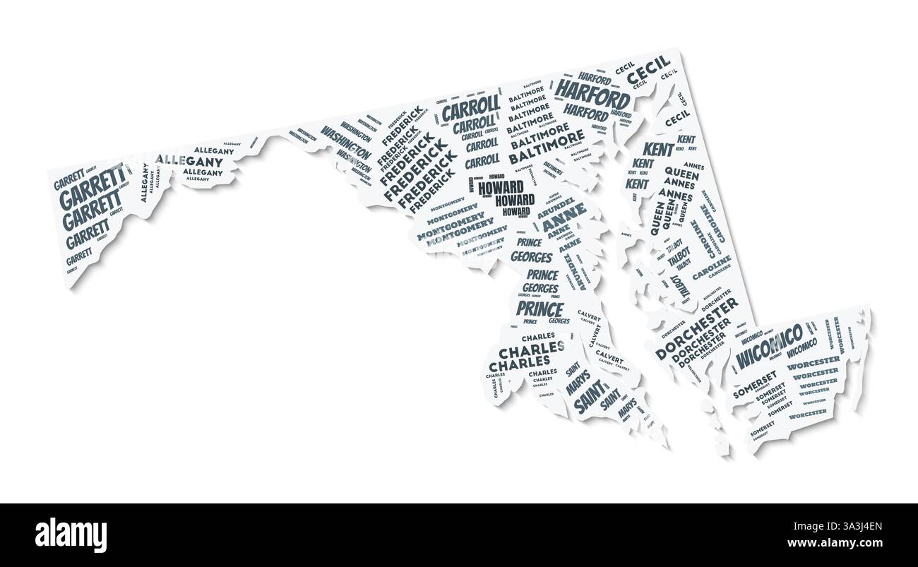 Fumetto di testo a forma di Maryland. Confine di stato con ombra su sfondo bianco. Maryland con divisione contee in stile vintage gazette. Illustrazione Vettoriale