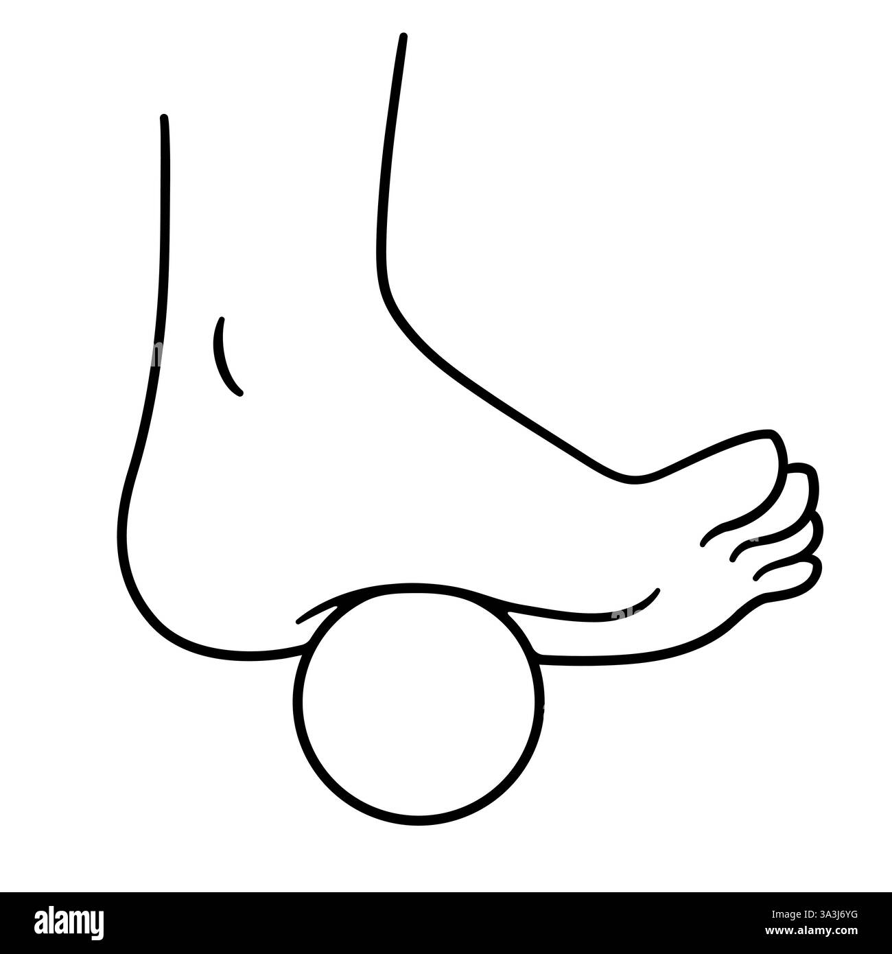 Piede rotolante su una palla, disegno semplice. Terapia fisica, auto massaggio, rilascio miofasciale. Grafica in bianco e nero, illustrazione grafica di clip vettoriali. Illustrazione Vettoriale