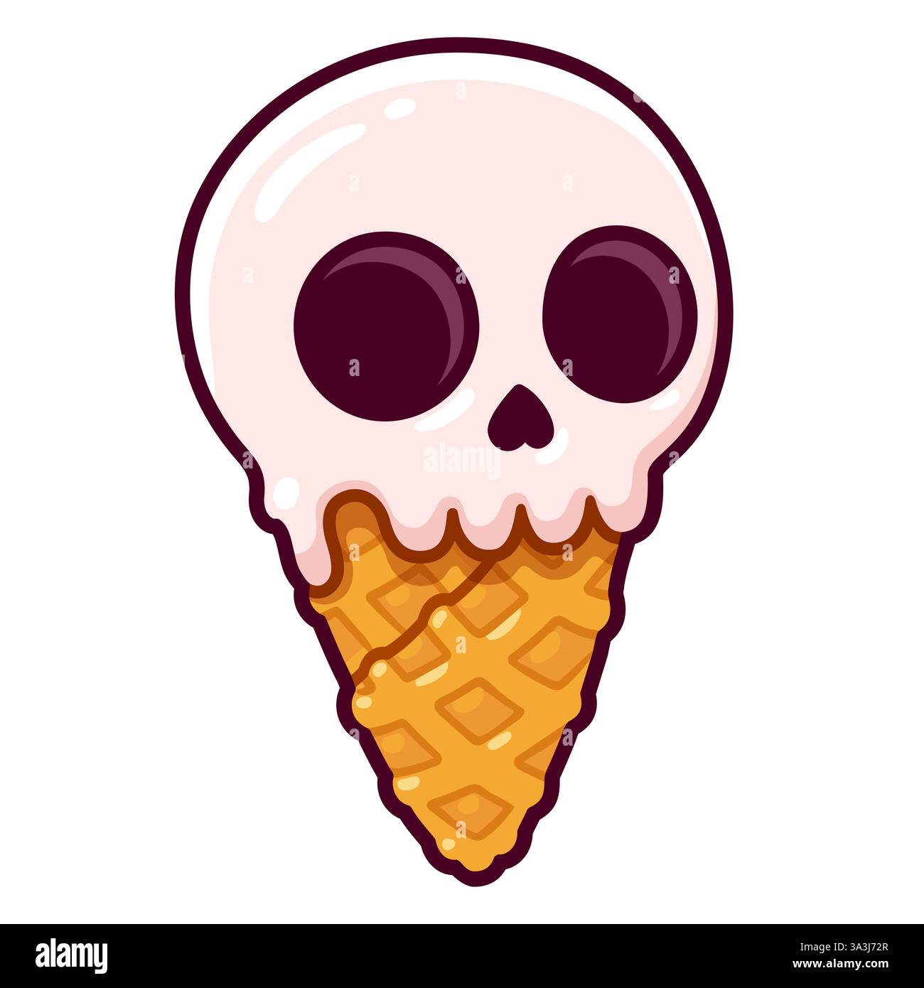 Disegno del gelato a forma di teschio di cartoni animati. Cucchiaio alla vaniglia nel cono per waffle. Illustrazione vettoriale clip art isolata. Illustrazione Vettoriale