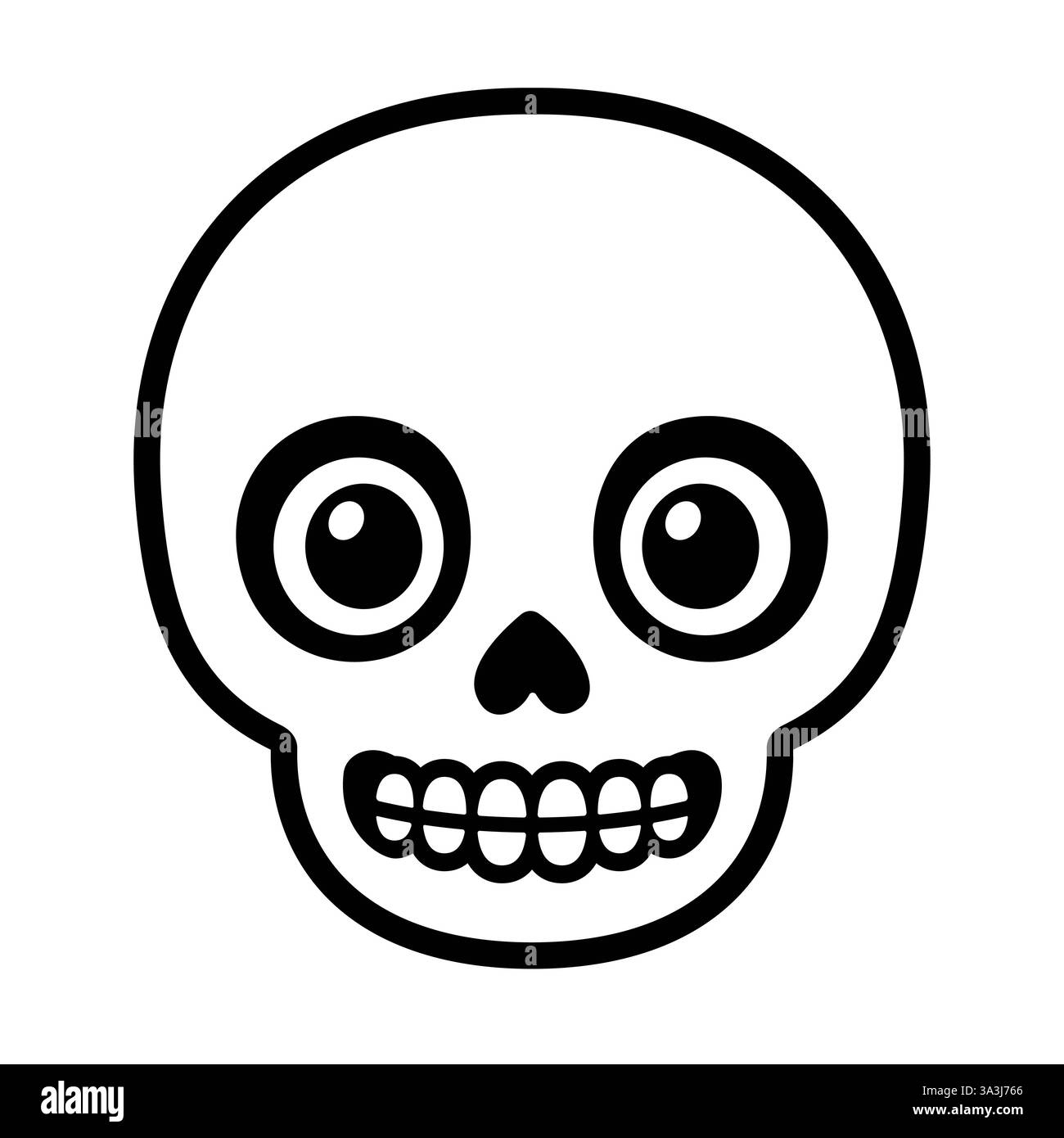 Carino teschio di cartoni animati stilizzato con occhi. Semplice simbolo in bianco e nero, illustrazione vettoriale isolata. Illustrazione Vettoriale