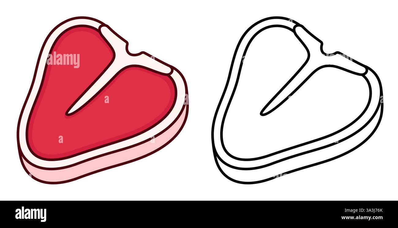 Icona della bistecca Cartoon T-Bone, pezzo di carne non disossato. Disegno a colori e icona della linea in bianco e nero. Illustrazione grafica del clip vettoriale isolato. Illustrazione Vettoriale