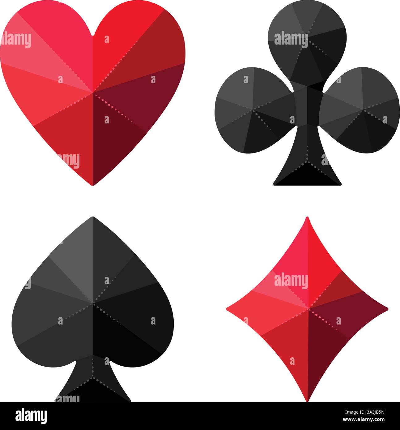 Quattro completi di carte da gioco: Cuori, mazze, picche, diamanti. Serie di illustrazioni vettoriali in forma di cristalli, icone reali lucide premium Illustrazione Vettoriale
