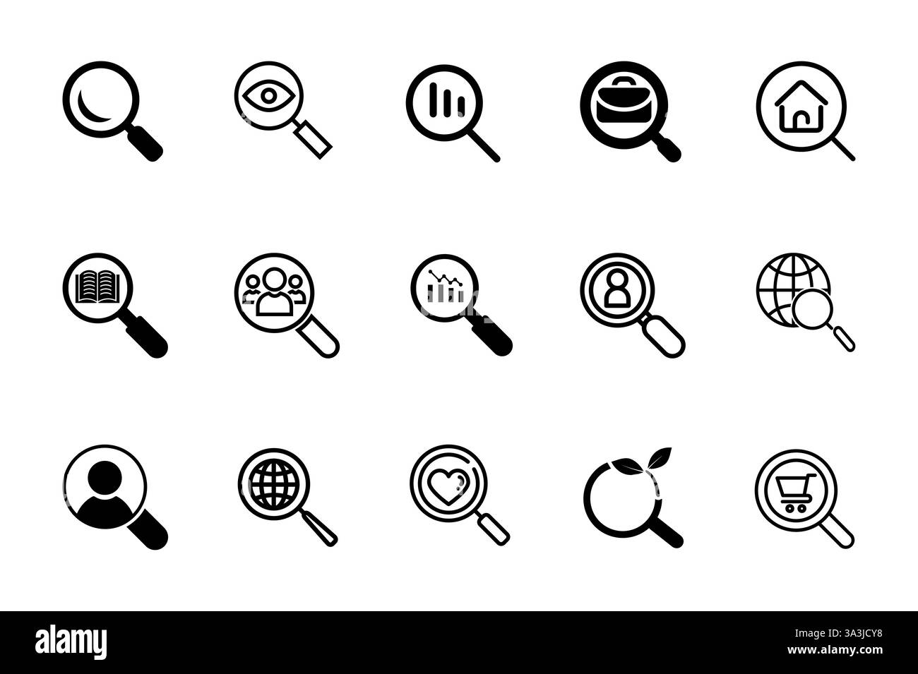 Set di icone di ricerca isolato su sfondo bianco. Icona del vettore di vetro. icona della lente di ingrandimento di ricerca. Trova Illustrazione Vettoriale