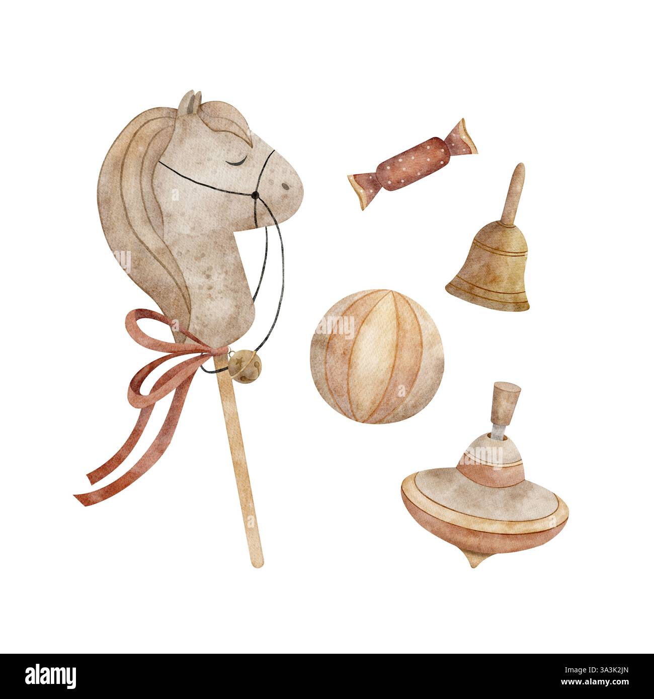 Set di giocattoli vintage testa di cavallo su bastone, caramelle, top, palla, campana. Illustrazione ad acquerello disegnata a mano in stile retrò su isolata. Elementi per la progettazione Foto Stock