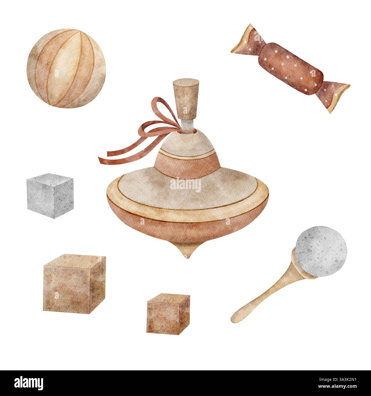 Set di giocattoli top, vortice, caramelle, palla, cubi per bambini da giocare, sonaglino. Illustrazione ad acquerello disegnata a mano in stile retrò su isolata Foto Stock