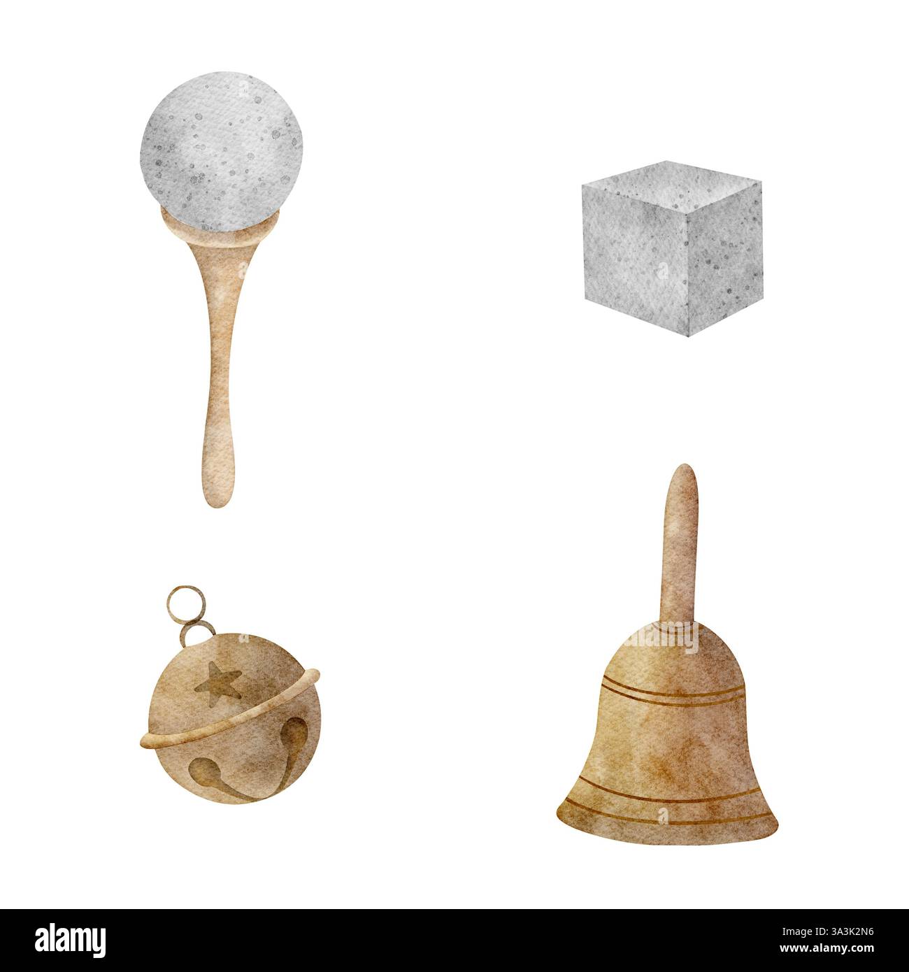 Set di giocattoli per bambini, sonaglino, cubi di campanello tamburello. Illustrazione ad acquerello disegnata a mano su sfondo isolato in stile retrò. Elementi per Natale Foto Stock