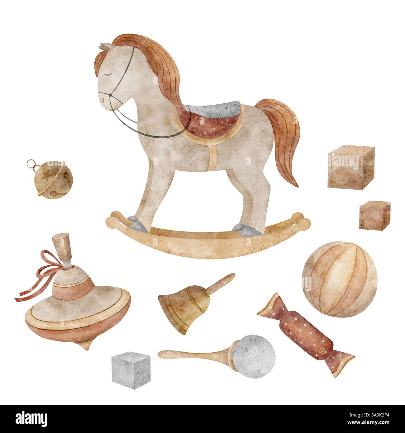 Set acquerello con giocattoli vintage cavallo, caramelle, top, palla, campana, cubi. Illustrazione per bambini disegnata a mano in stile retrò su sfondo isolato per Foto Stock