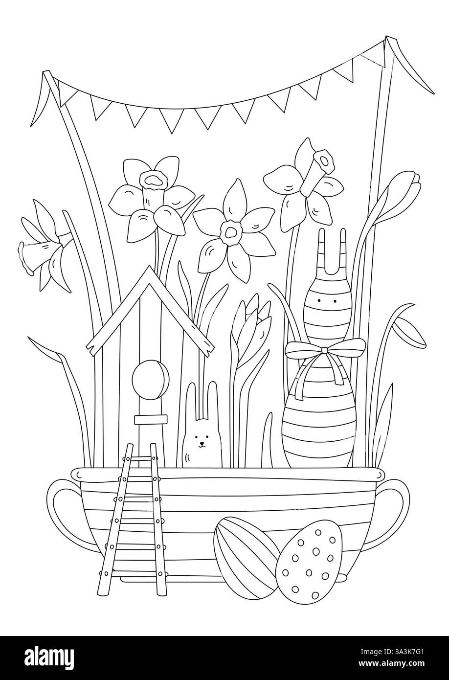Mostra pasquale con Una casa degli uccelli, narcisi e uova con Un colore di sollievo per bambini e adulti Illustrazione Vettoriale