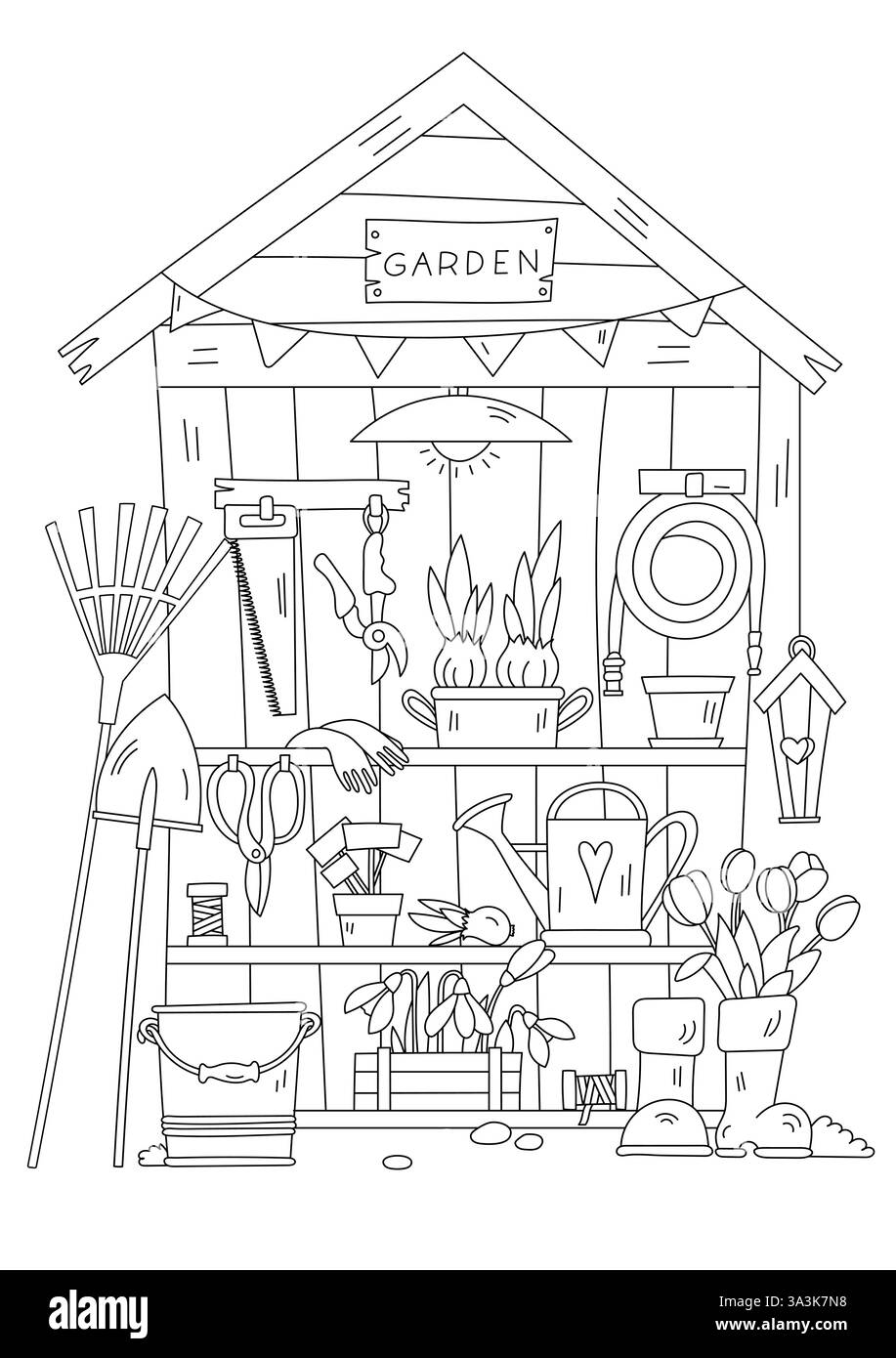 Bacheca degli attrezzi da giardino in corso e colorazione delle pagine primaverili Illustrazione Vettoriale