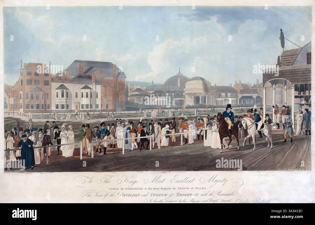 Acquatinta colorata a mano del Pavilion e Steyne a Brighton 1806 di James Mitain pubblicata da Joseph Constantine Stadler dopo l'arte di Charles Cracklow, antica stampa storica vintage del XIX secolo Foto Stock
