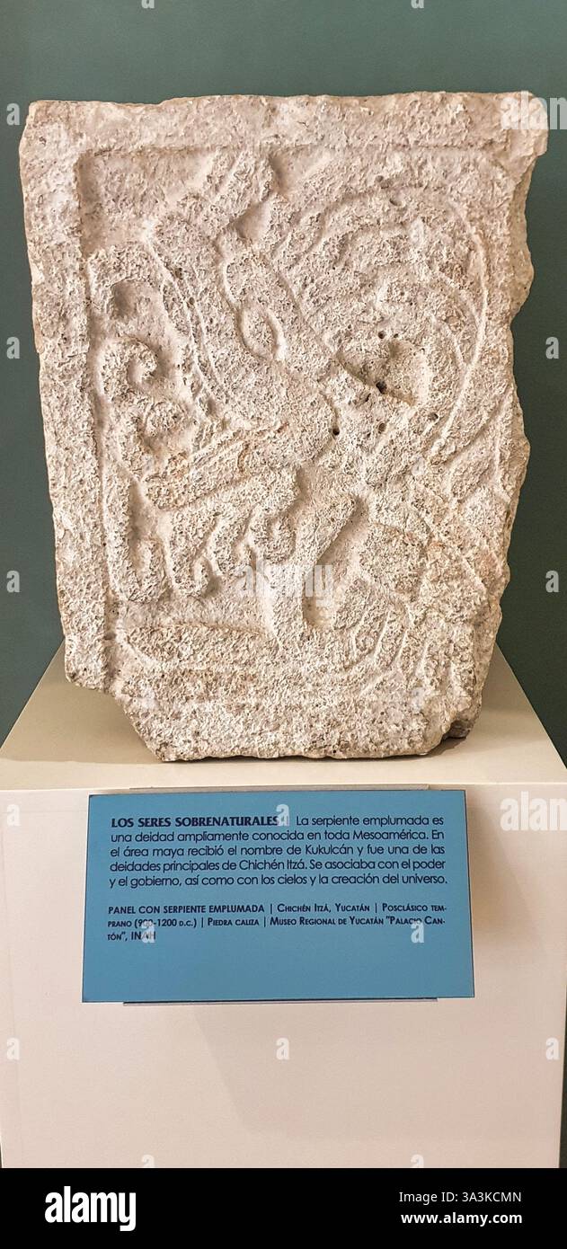 Rilievo del Dio serpente piumato, Kukulcan, il principale dio della creazione Maya su un pannello di pietra calcarea dal sito di Chichen Itza, presso il Museo de Maya, Cancun, Messico Foto Stock