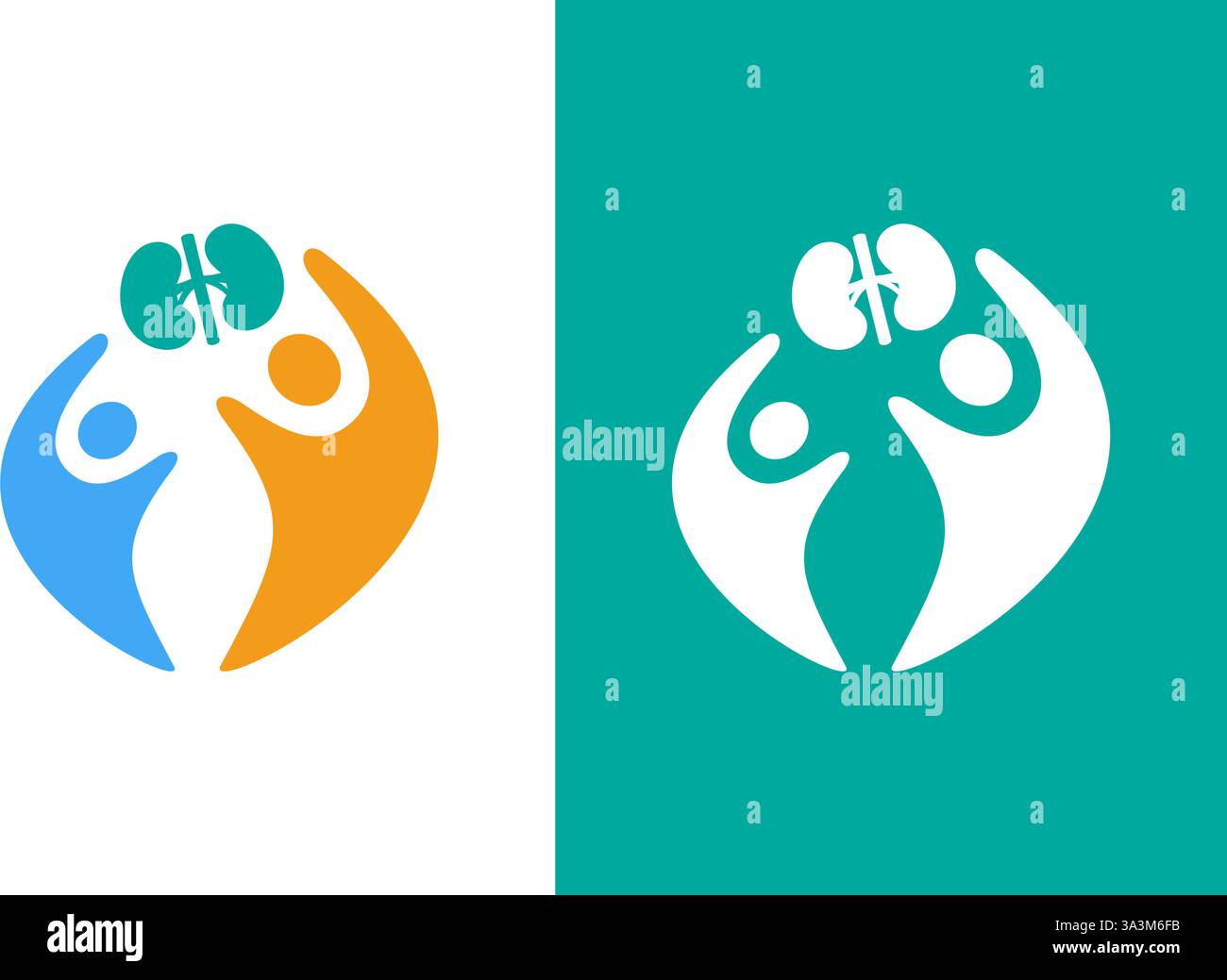 Combinazione del logo dei reni umani. Modello unico di progettazione del logotipo di organo interno. Illustrazione Vettoriale