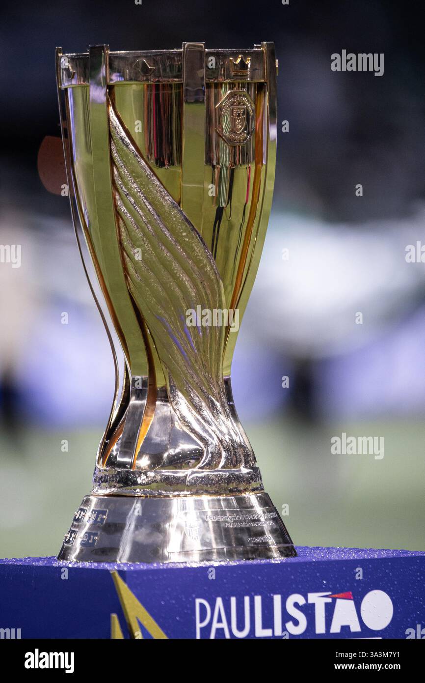 San Paolo, Brasile. 16 marzo 2025. SAN PAOLO, BRASILE - 16 MARZO: Il trofeo viene visto prima della partita di andata tra S.E. Palmeiras e S.C. Corinthians Paulista come parte delle finali del Campionato Paulista di serie A1 2025 all'Allianz Parque Arena il 16 marzo 2025 a San Paolo, Brasile. (Foto di Wanderson Oliveira/PxImages) credito: PX Images/Alamy Live News Foto Stock