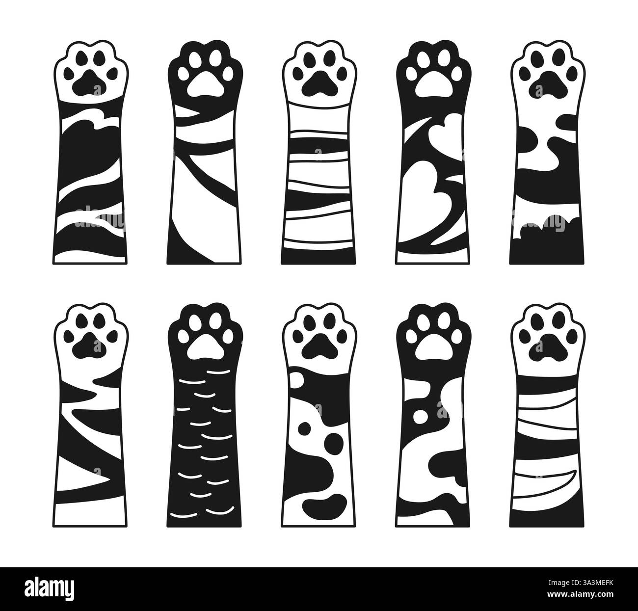 Gatto zampe cartone animato doodle in bianco e nero. Diversi gattini di gatto palmano su mani pelose. Design artistico per lo stile piatto del negozio di animali domestici. Animali domestici con motivi testurizzati, vari tipi di pelliccia. Illustrazione vettoriale Illustrazione Vettoriale