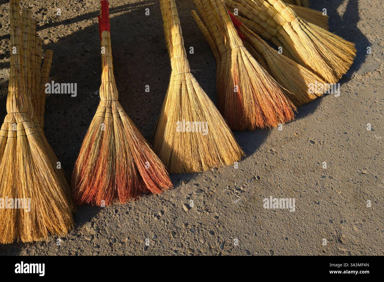 Spazzatrici in paglia naturali, fatte a mano e in vendita, il tradizionale design classico uzbeko. Al mercato locale, Siyob Bazar, a Samarcanda, Uzbekistan. Foto Stock