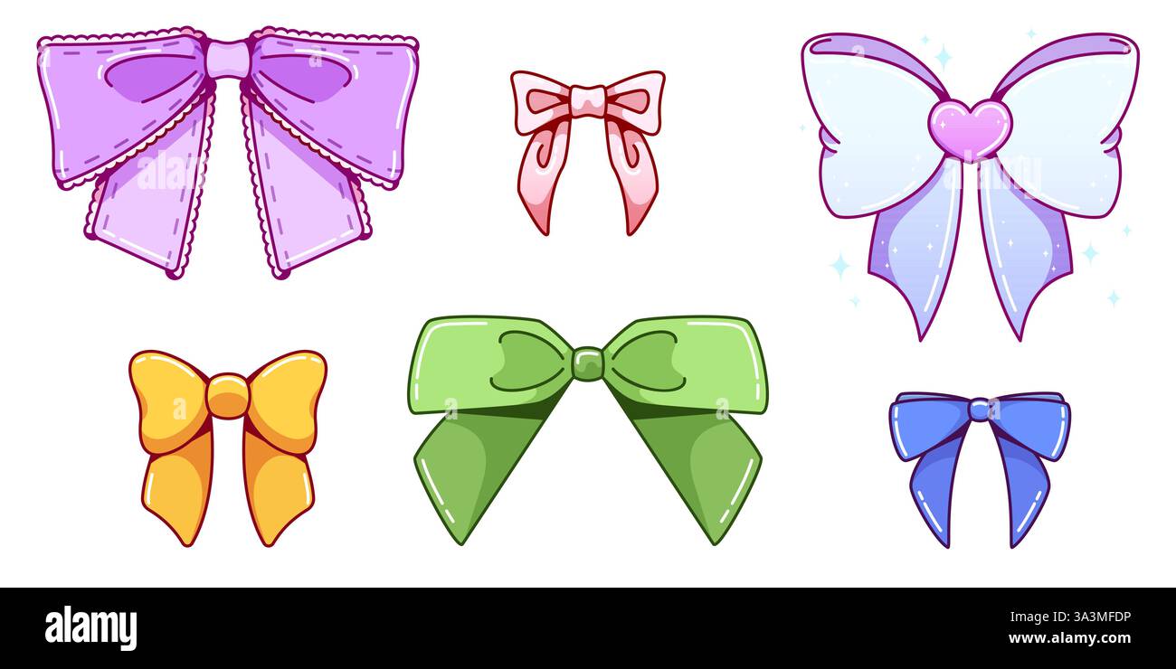 Fiocchi estetici Y2K con colori pastello - nastri decorati con cuore e finiture in pizzo. Elementi cartoni animati Kawaii con glitter per adesivi digitali retrò de Illustrazione Vettoriale