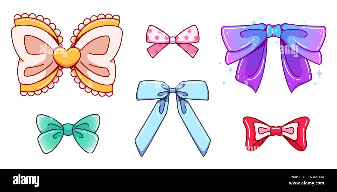 Fiocchi estetici Y2K con colori pastello - nastri decorati con cuore, finiture in pizzo e motivi a pois. Elementi cartoni animati Kawaii con glitter per r Illustrazione Vettoriale
