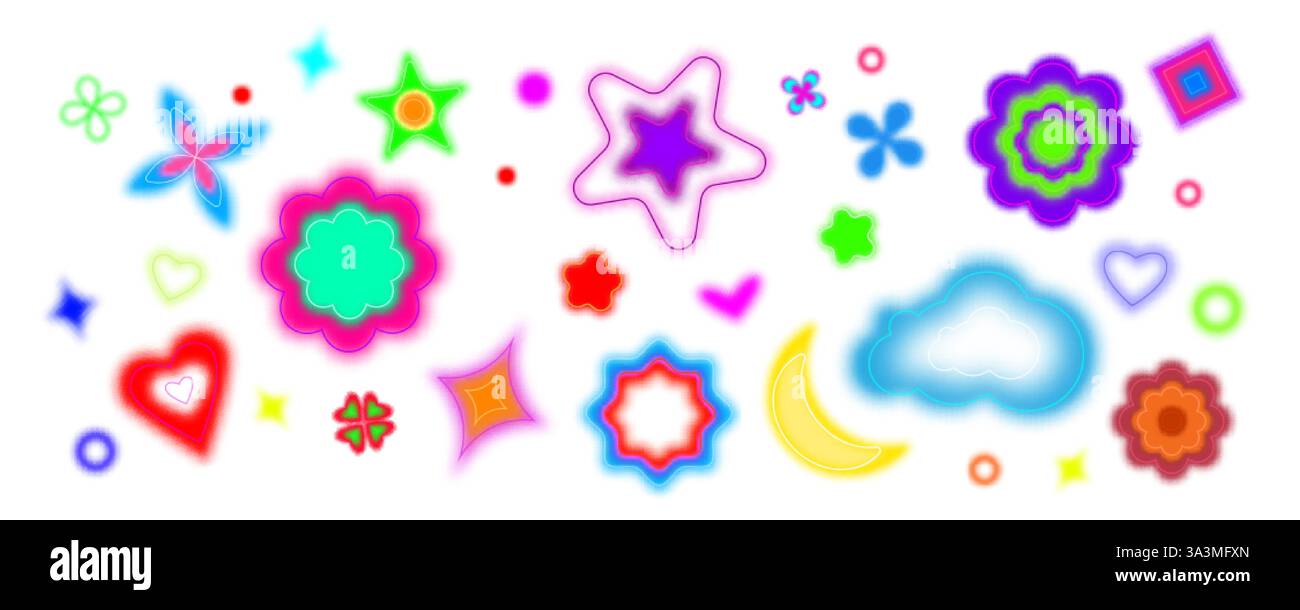Forme colorate Y2K con effetto neon sfocato: Stelle e cuori, fiori, nuvole e luna, scintillio. Elementi astratti luminosi e luminosi con gradi retrò Illustrazione Vettoriale