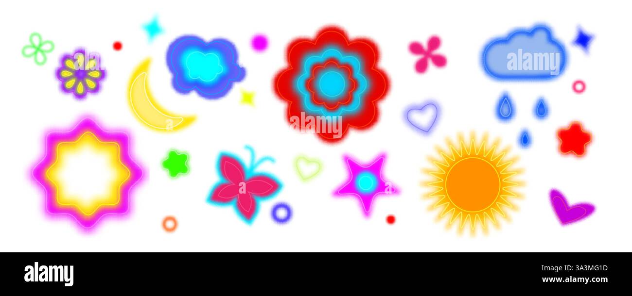 Set di colorate forme y2k: Fiori al neon, farfalla, sole e luna, stelle e cuori con effetto sfocatura. Collezione luminosa di elementi retrò negli anni '2000 Illustrazione Vettoriale