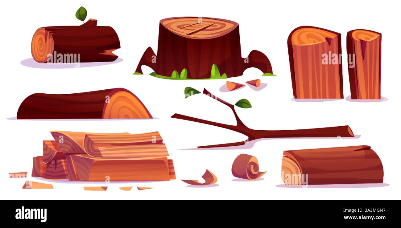 Tronchi di legno, tronchi di alberi con erba e ramoscelli, pezzi di legno tritati, rami di legno con foglie, tronchi tagliati con anelli di corteccia e cerchi annuali. Naturale Illustrazione Vettoriale