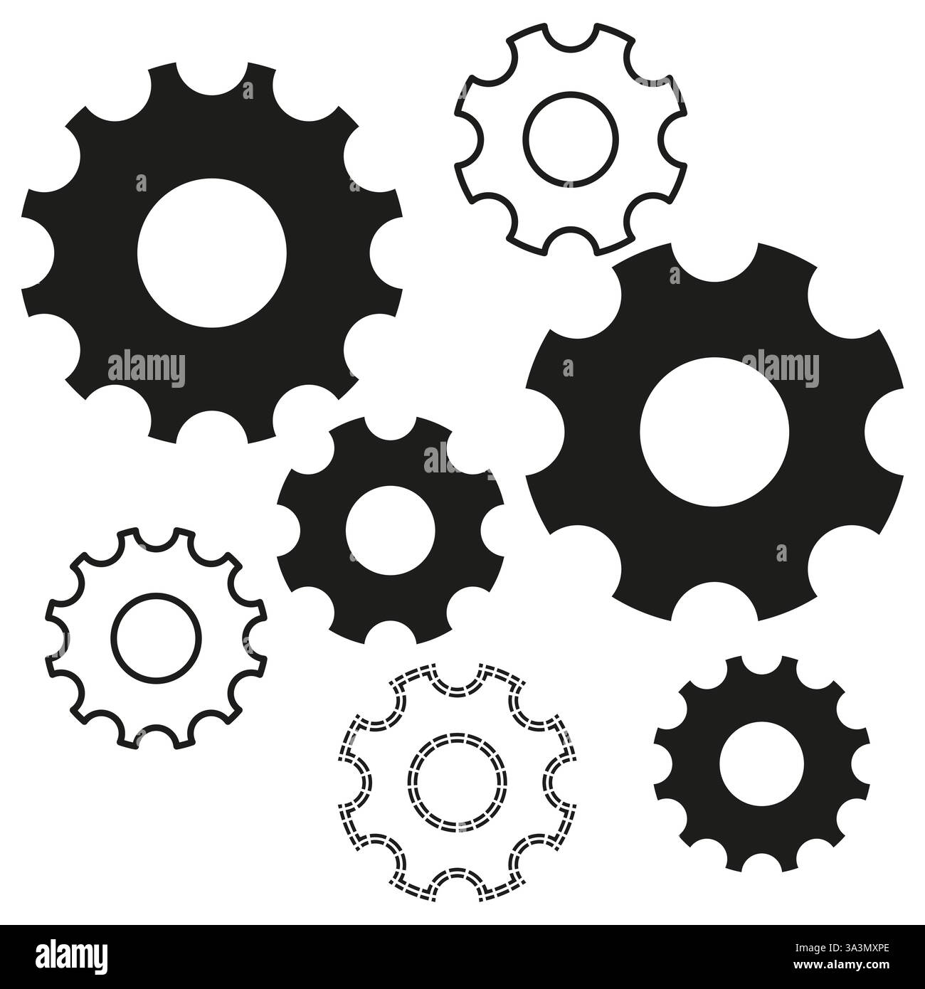 Forme degli ingranaggi industriali. Ingranaggi bianco e nero. Forma ruota meccanica. Simbolo di progettazione vettoriale. Illustrazione Vettoriale