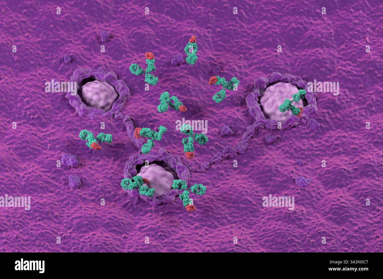 Trattamento con anticorpi monoclonali nel colon, cancro colorettale (CRC) - Vista isometrica illustrazione 3d. Foto Stock