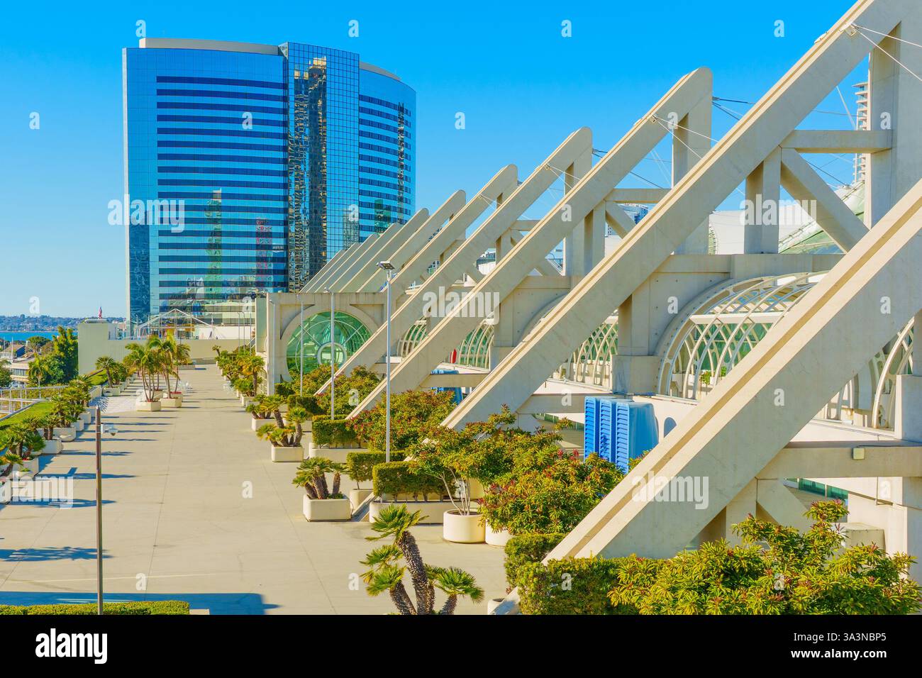 San Diego, California - 14 gennaio 2025: Vista grandangolare del San Diego Convention Center che mostra le sue caratteristiche architettoniche uniche in mezzo a un bri Foto Stock