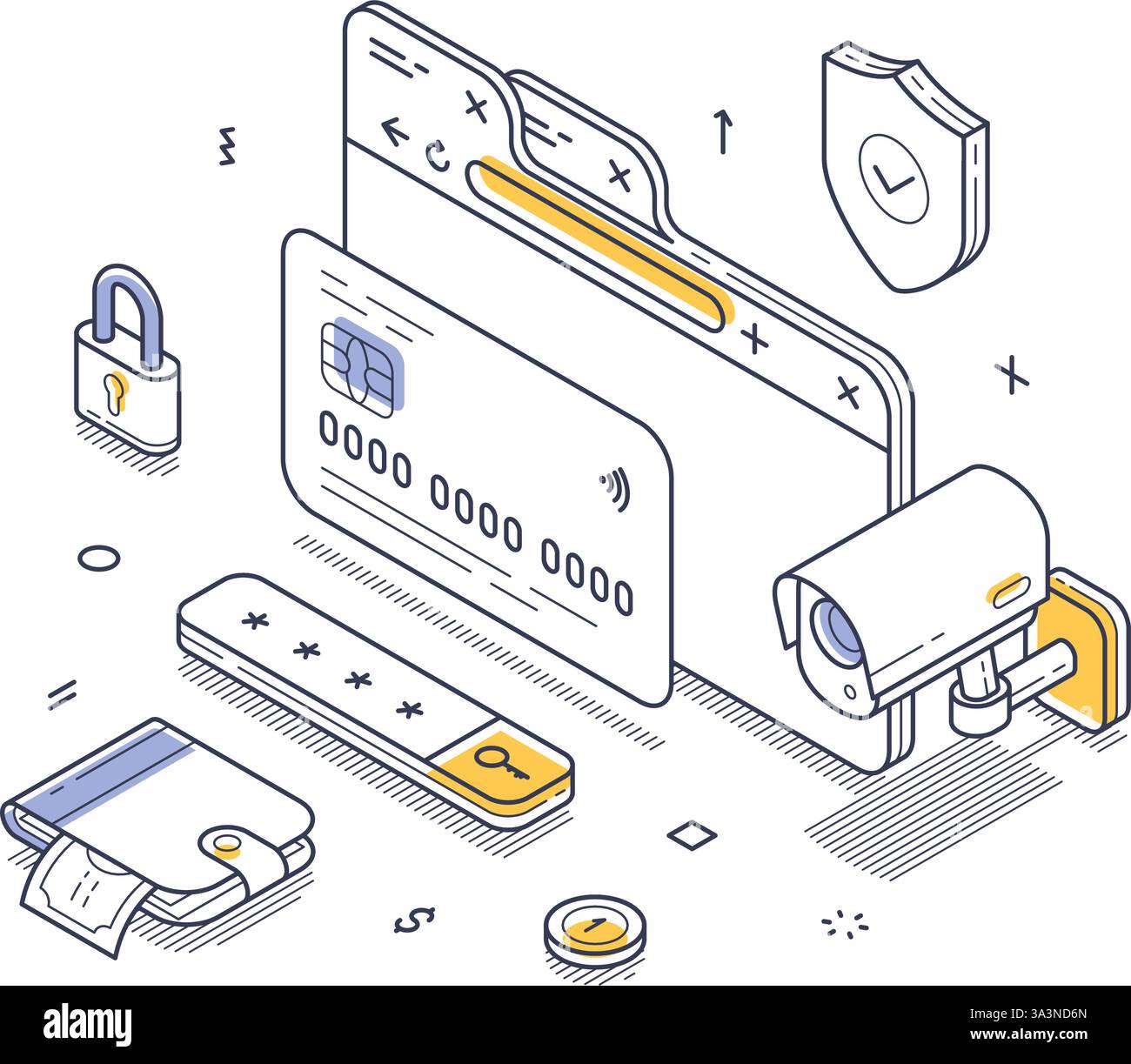 Meccanismi di pagamento sicuri come carte di credito, portafogli digitali ed elementi di sicurezza. Enfatizza la sicurezza nelle transazioni online e nella protezione degli utenti. Illustrazione Vettoriale
