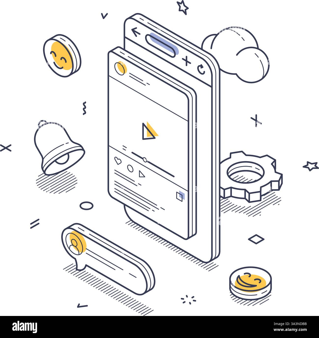 Smartphone visualizzato con elementi di social media, tra cui icone, un pulsante di riproduzione e notifiche. Moderna illustrazione vettoriale isometrica Illustrazione Vettoriale