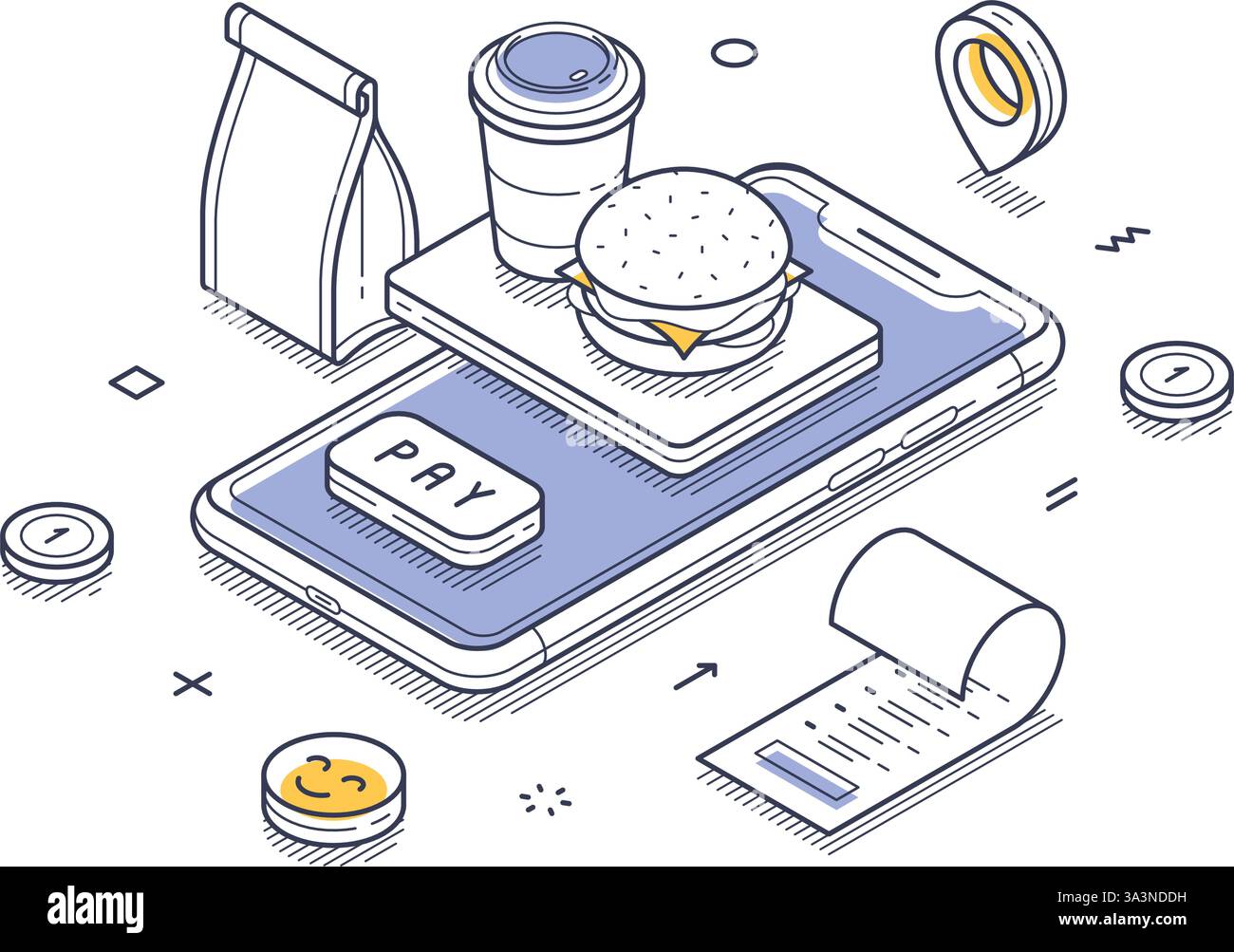 Interfaccia di pagamento mobile con hamburger, caffè e borsa di consegna. Rappresenta la comodità di ordinare fast food tramite smartphone. Moder Illustrazione Vettoriale
