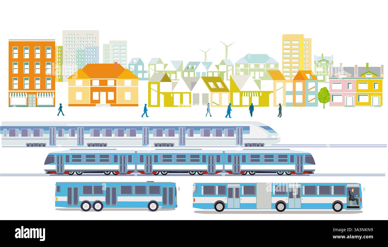 Treno ad alta velocità e metropolitana leggera, autobus, città accogliente con mezzi pubblici, illustrazione Foto Stock