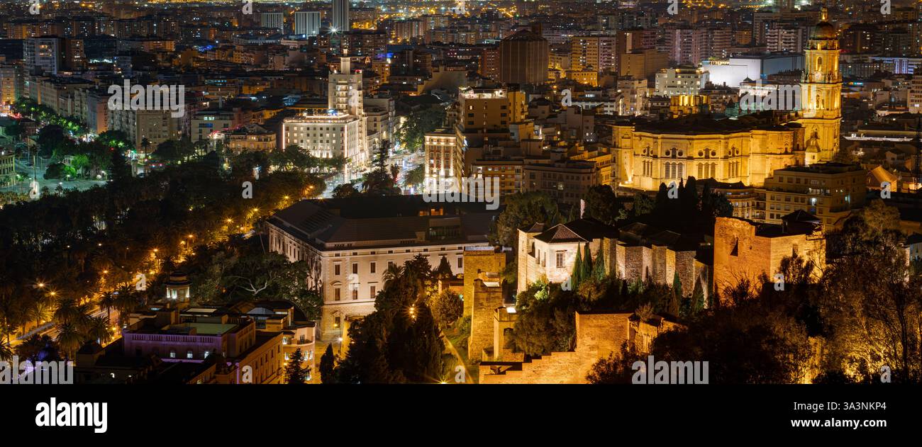 Vista panoramica della città di Malaga, affacciata sulla cattedrale e sul centro della città dal Castello di Gibralfaro di notte Foto Stock