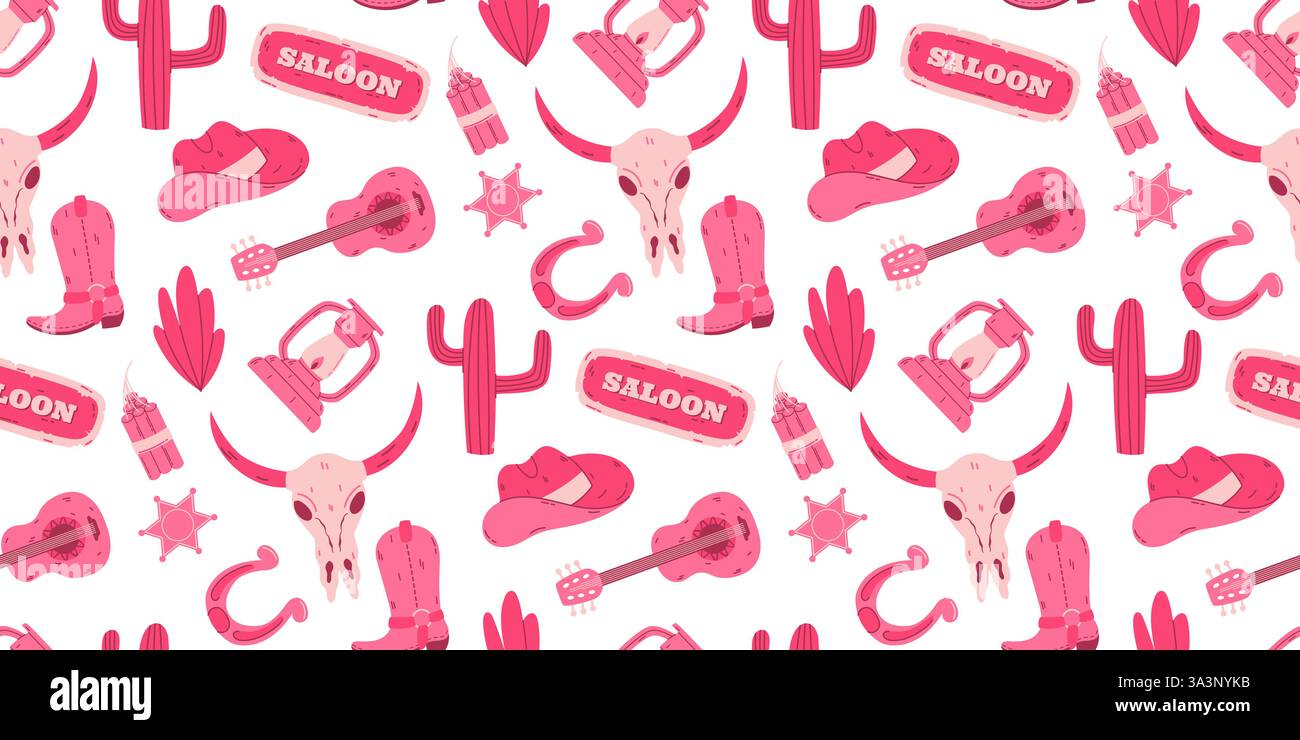 Motivo senza cuciture a tema WESTERN con icone di cowgirl e illustrazioni rosa Illustrazione Vettoriale
