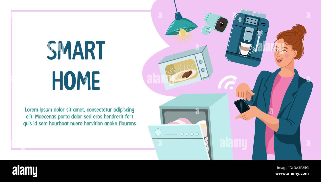 Casa intelligente, tecnologia di controllo wireless della casa. Donna controlla a distanza gli elettrodomestici. Design vettoriale di striscioni o volantini in stile piatto, Illustrazione Vettoriale