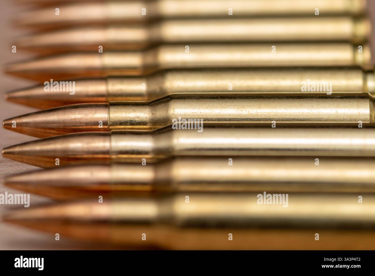 cartucce di fucile, allineate su uno sfondo di legno. Foto Stock