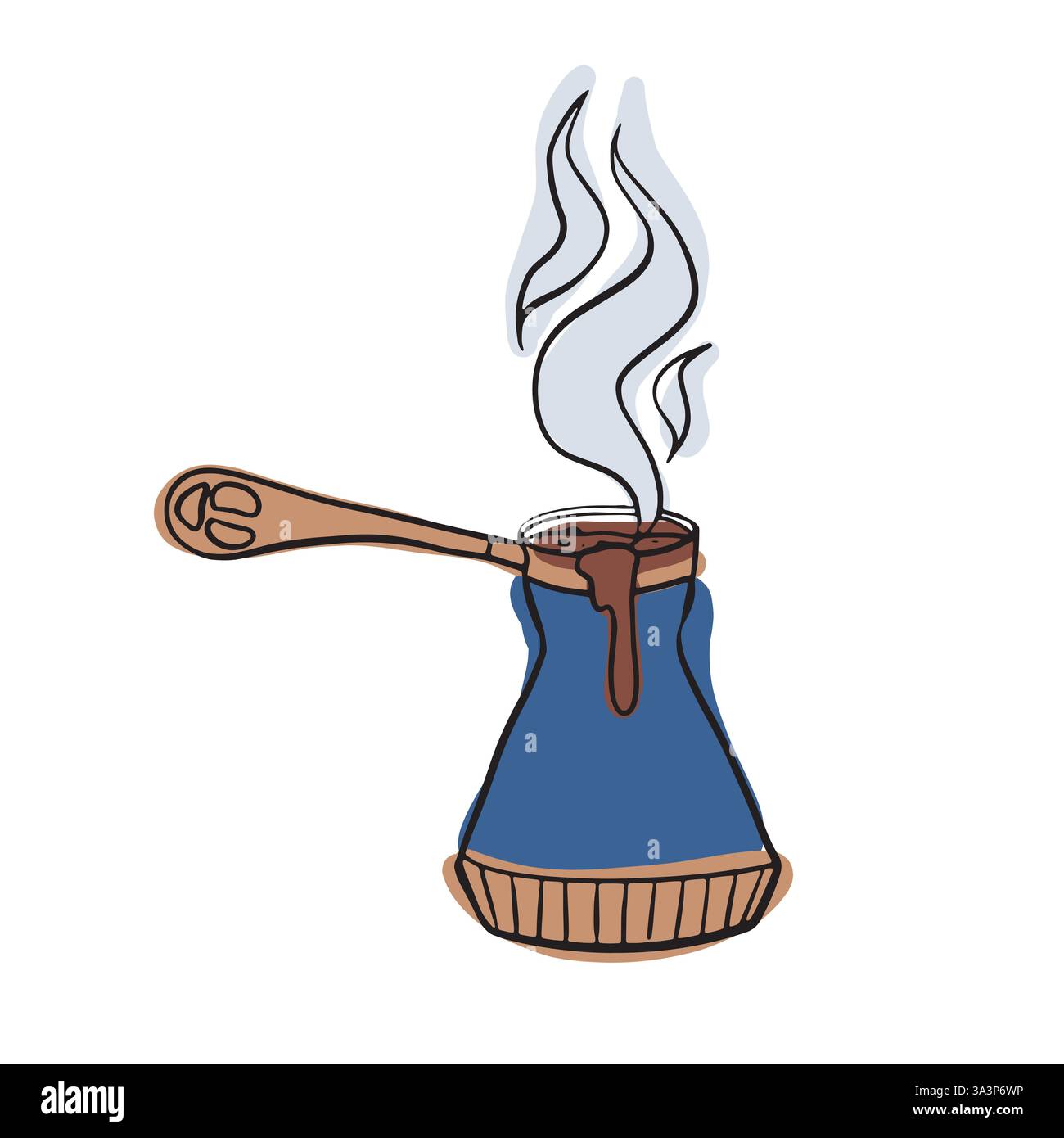Classica caffettiera turca con caffè scuro fumante. Un'illustrazione accogliente che rappresenta un aroma ricco, la produzione di birra tradizionale e l'amore per l'autenticità Illustrazione Vettoriale