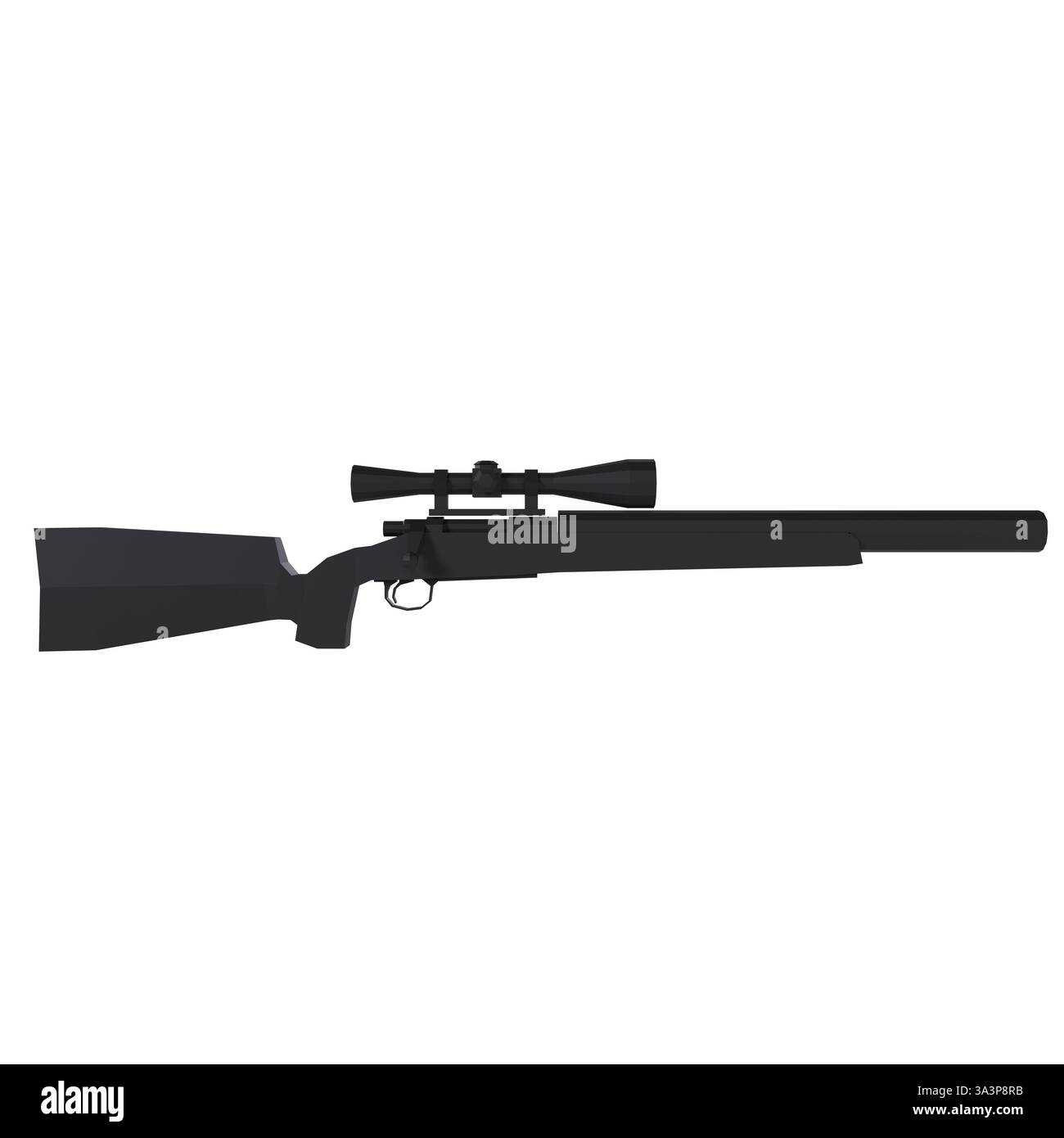 Un elegante fucile da caccia nero dotato di un telescopio, progettato per garantire precisione e precisione. Foto Stock