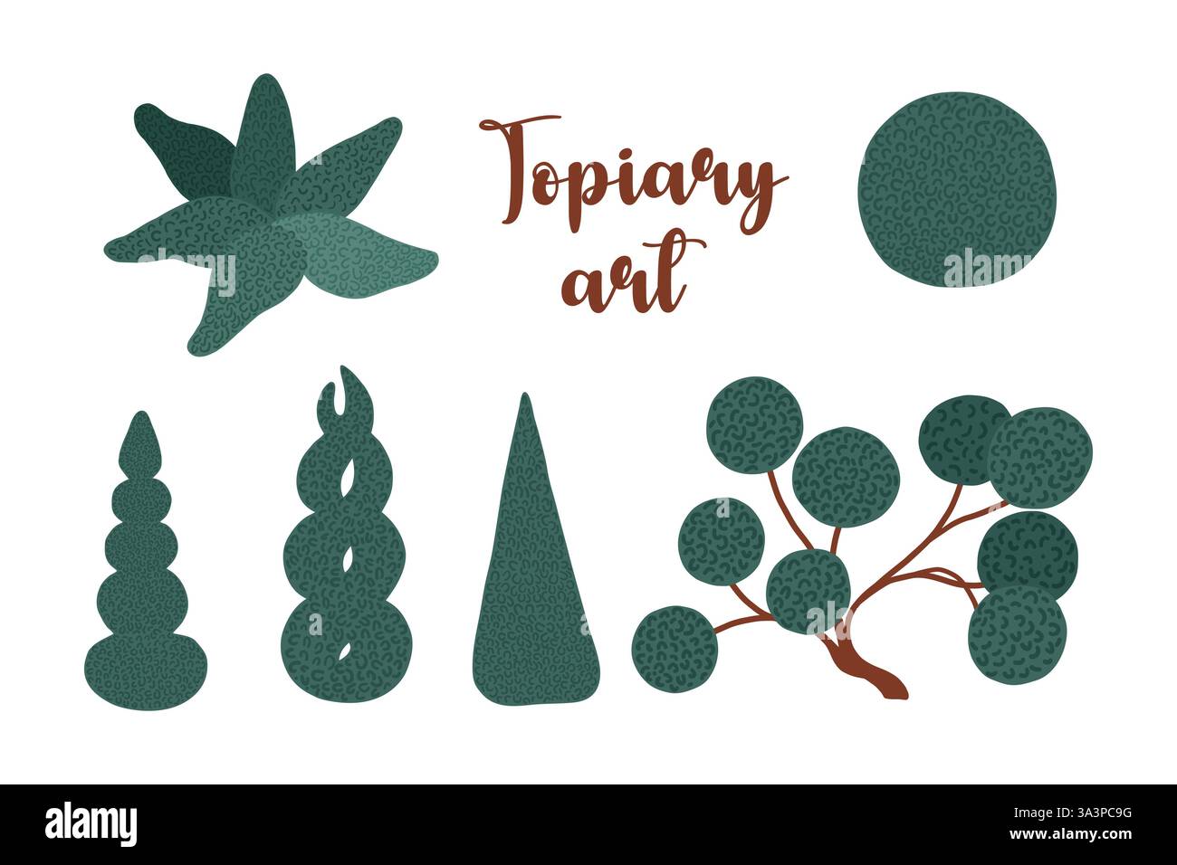 Arte topiaria Set di conifere isolate tagliate su sfondo bianco. Illustrazione vettoriale Illustrazione Vettoriale