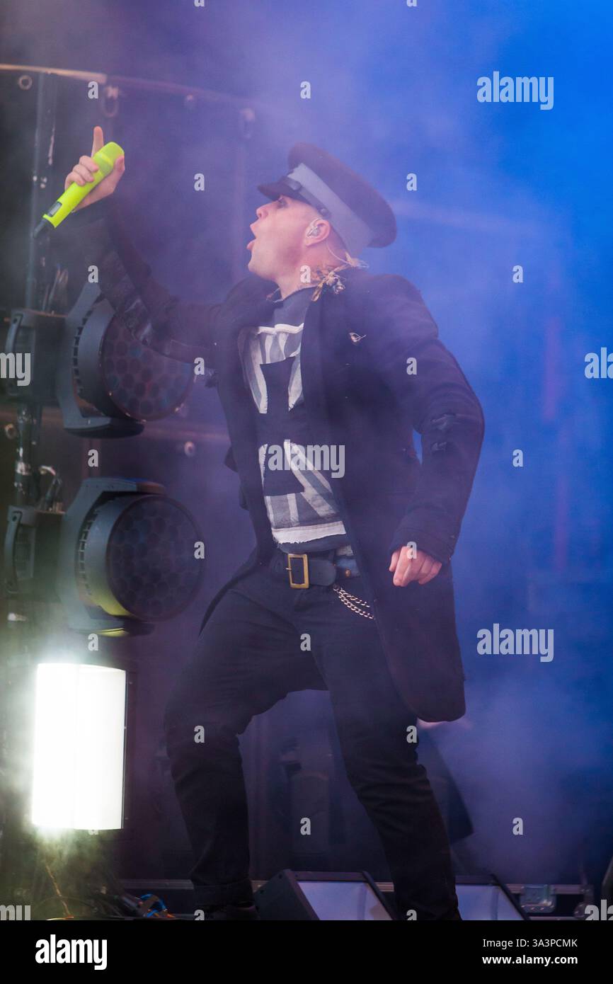 Headliner, il Prodigy chiude il Main Stage l'ultimo giorno al T in the Park nella sua nuova sede del Castello di Strathallen Foto Stock