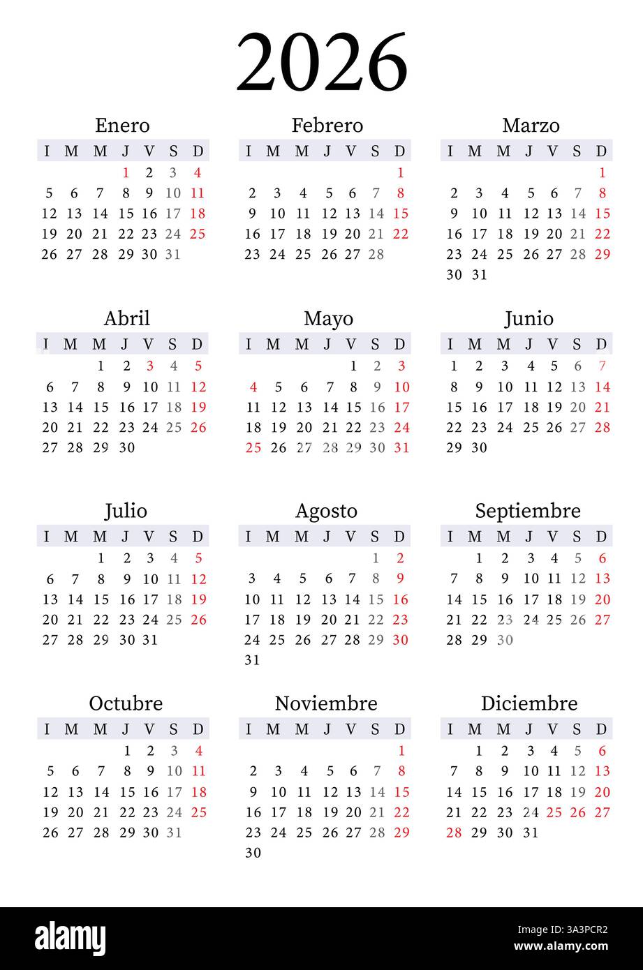 Vettore calendario annuale 2026 in verticale spagnolo, inizio lunedì, progettazione pulita, modello stampabile Illustrazione Vettoriale
