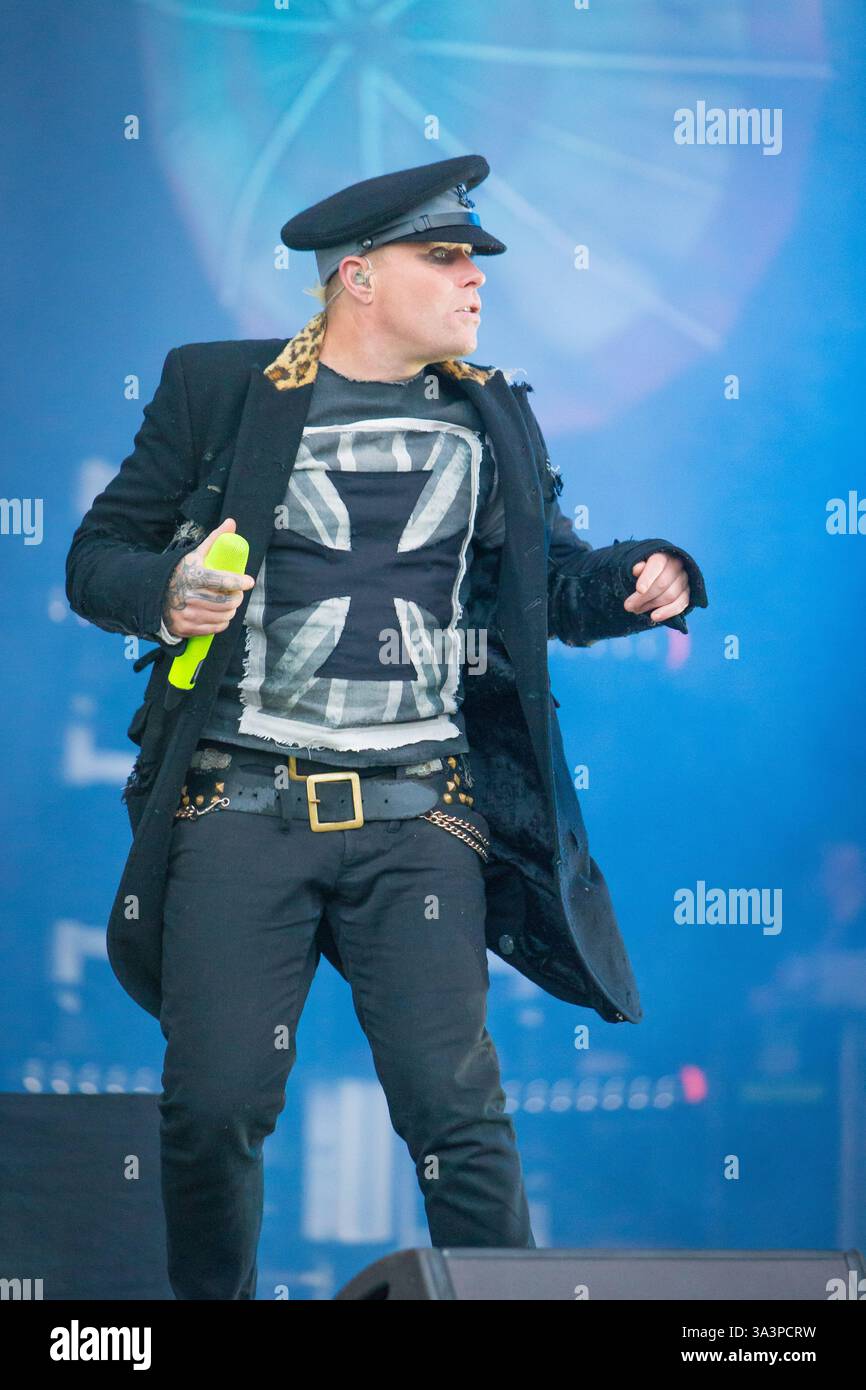 Headliner, il Prodigy chiude il Main Stage l'ultimo giorno al T in the Park nella sua nuova sede del Castello di Strathallen Foto Stock