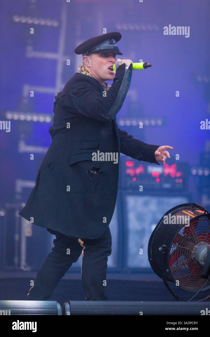 Headliner, il Prodigy chiude il Main Stage l'ultimo giorno al T in the Park nella sua nuova sede del Castello di Strathallen Foto Stock