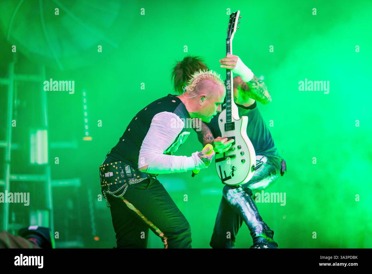 Headliner, il Prodigy chiude il Main Stage l'ultimo giorno al T in the Park nella sua nuova sede del Castello di Strathallen Foto Stock